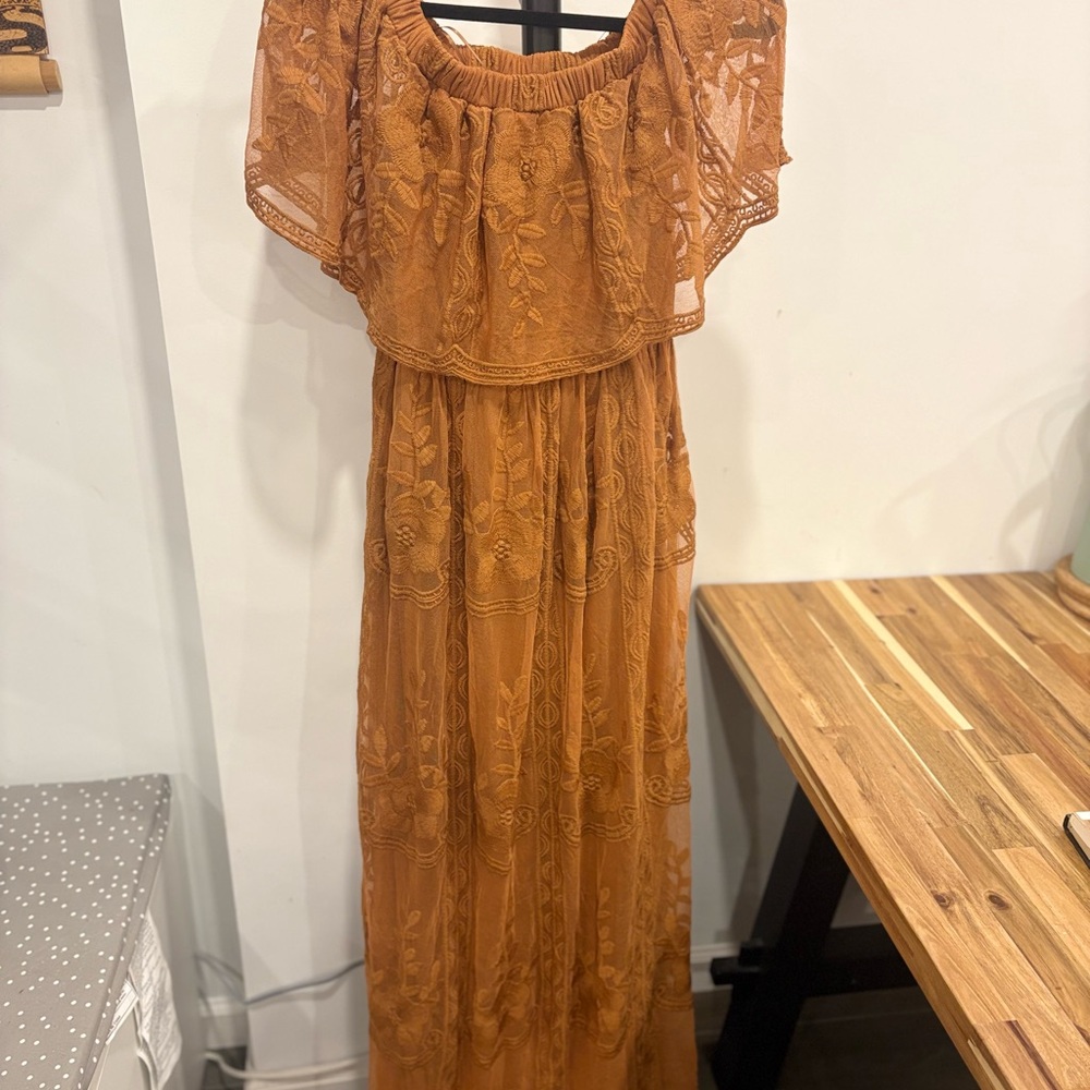 Camel Lace Overlay Lace Off-shoulder Maternity Maxi Dress